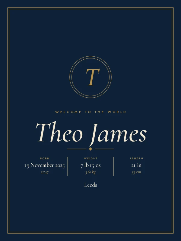 Example birth poster in Navy & Brass