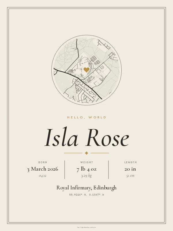 Example birth poster for Isla Rose in a white frame