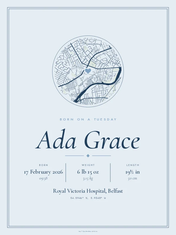 Example birth poster in Powder Blue
